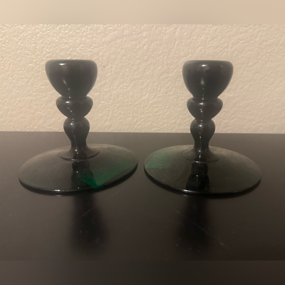 Rare Fenton Green Glass Candle Holders